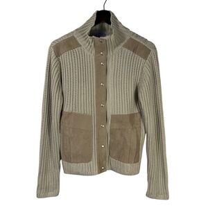 Mac & Jac L Ribbed Knit Sweater Jacket Faux Suede Patch Snap Front Neutral Tan